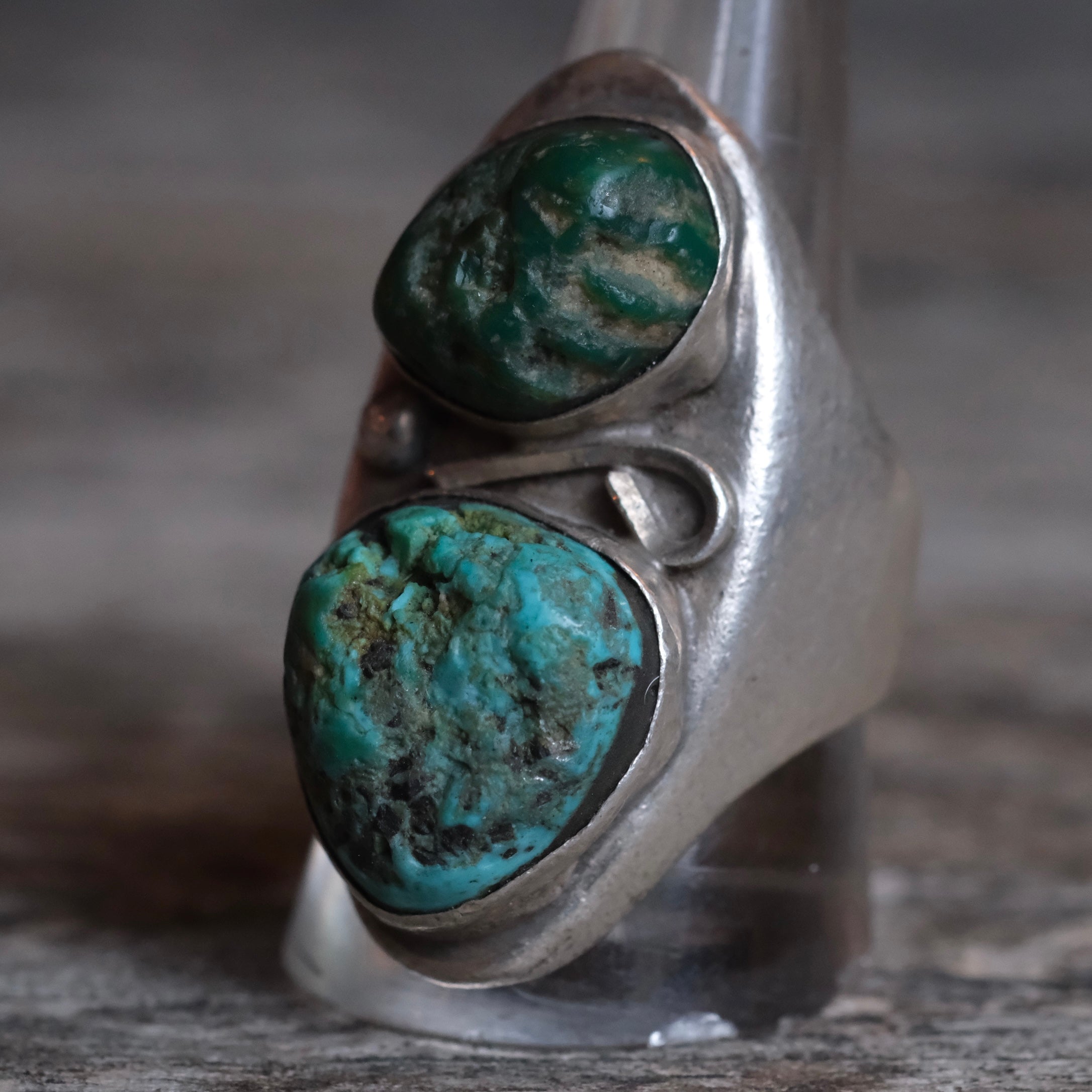 Older Vintage Sterling 2-Stone Turquoise Ring 10.75