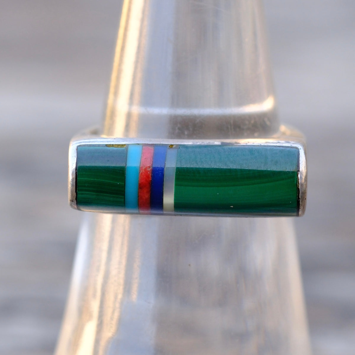 Vintage Sterling Multistone Inlay Malachite Band Ring 6