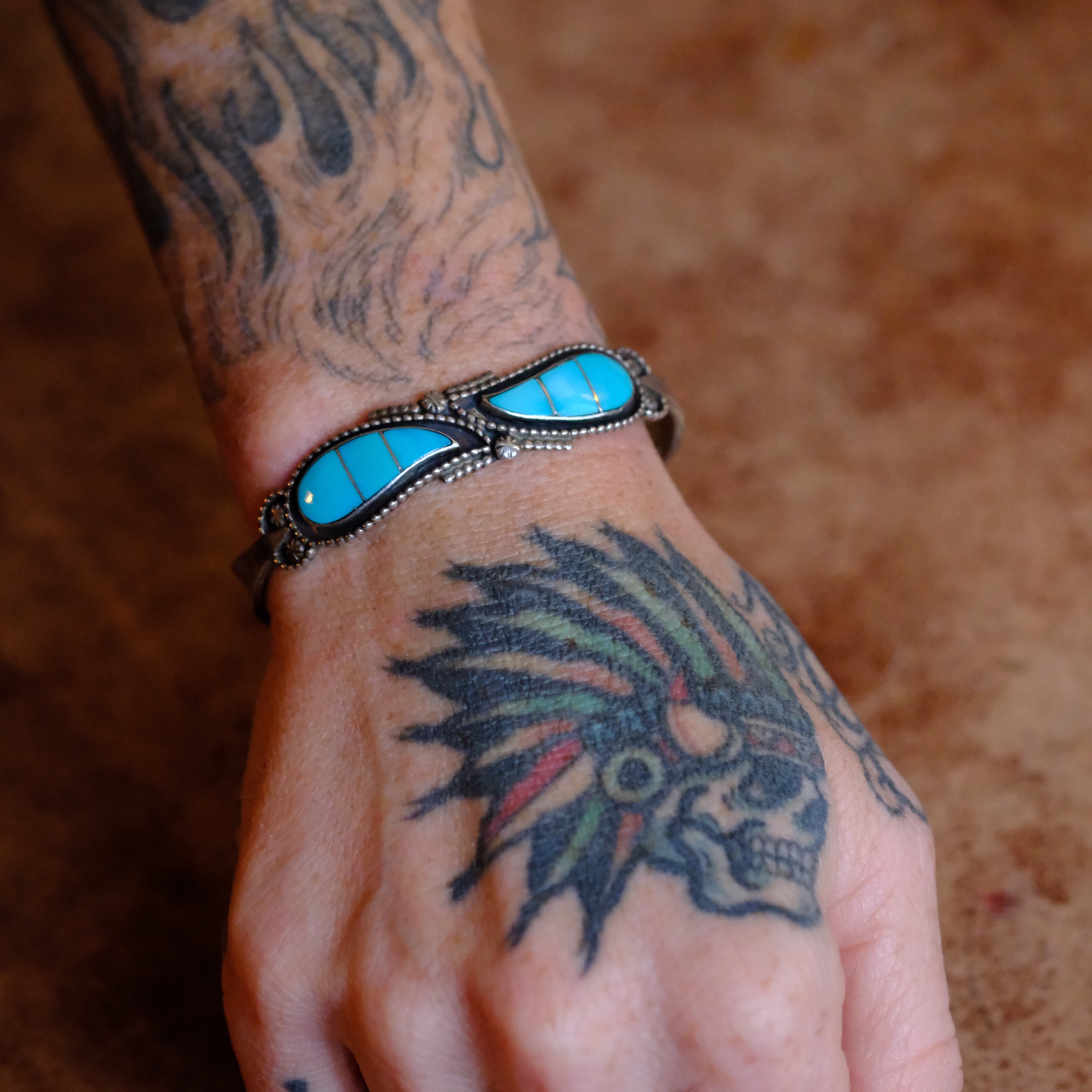 Vintage Sterling Turquoise Inlay Cuff Bracelet