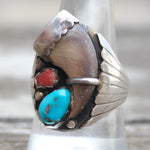 Vintage Sterling Turquoise and Coral Claw Ring 10.5