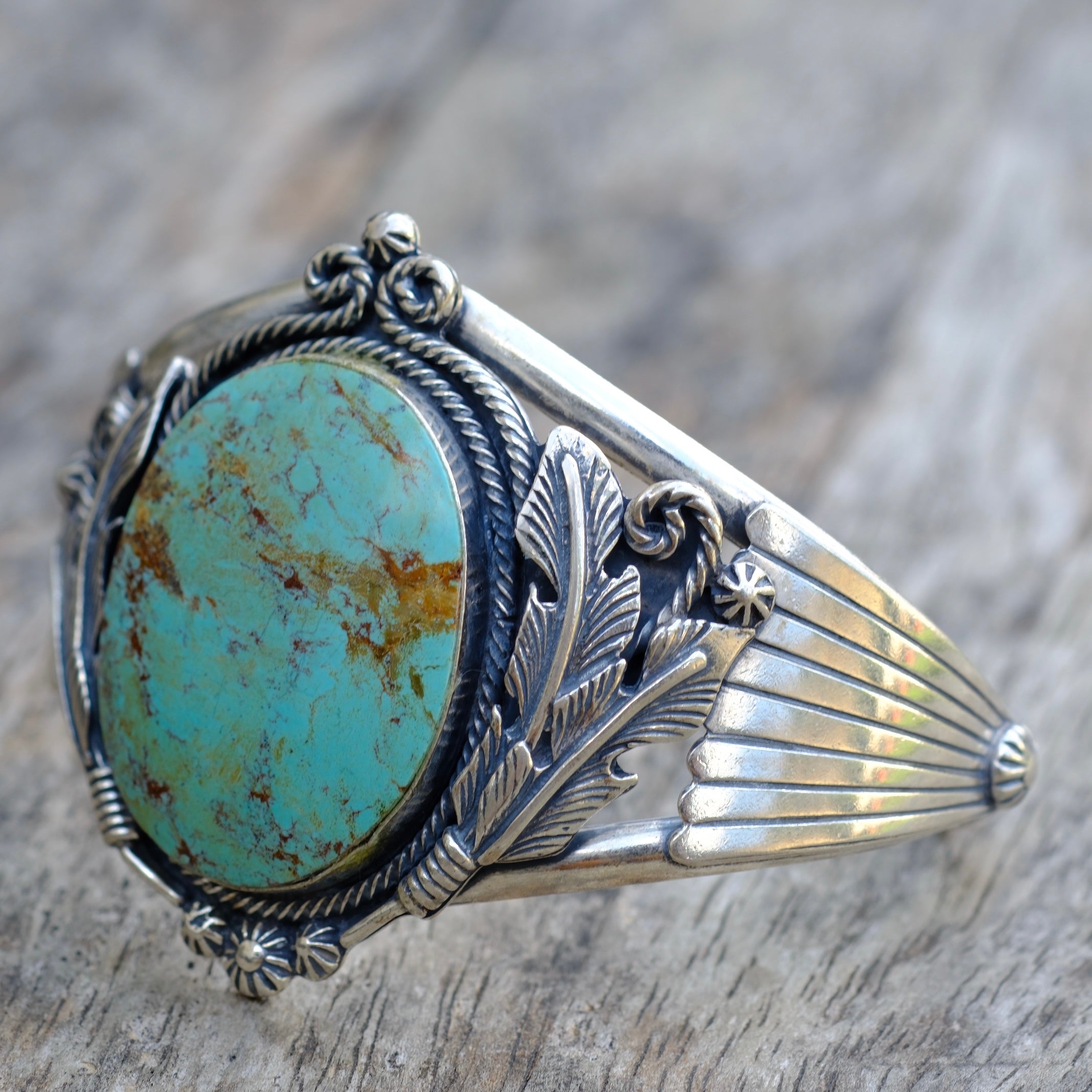 Vintage Sterling Turquoise Feather Cuff Bracelet