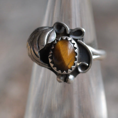 Vintage Sterling Tigers Eye Feather Ring 4.25