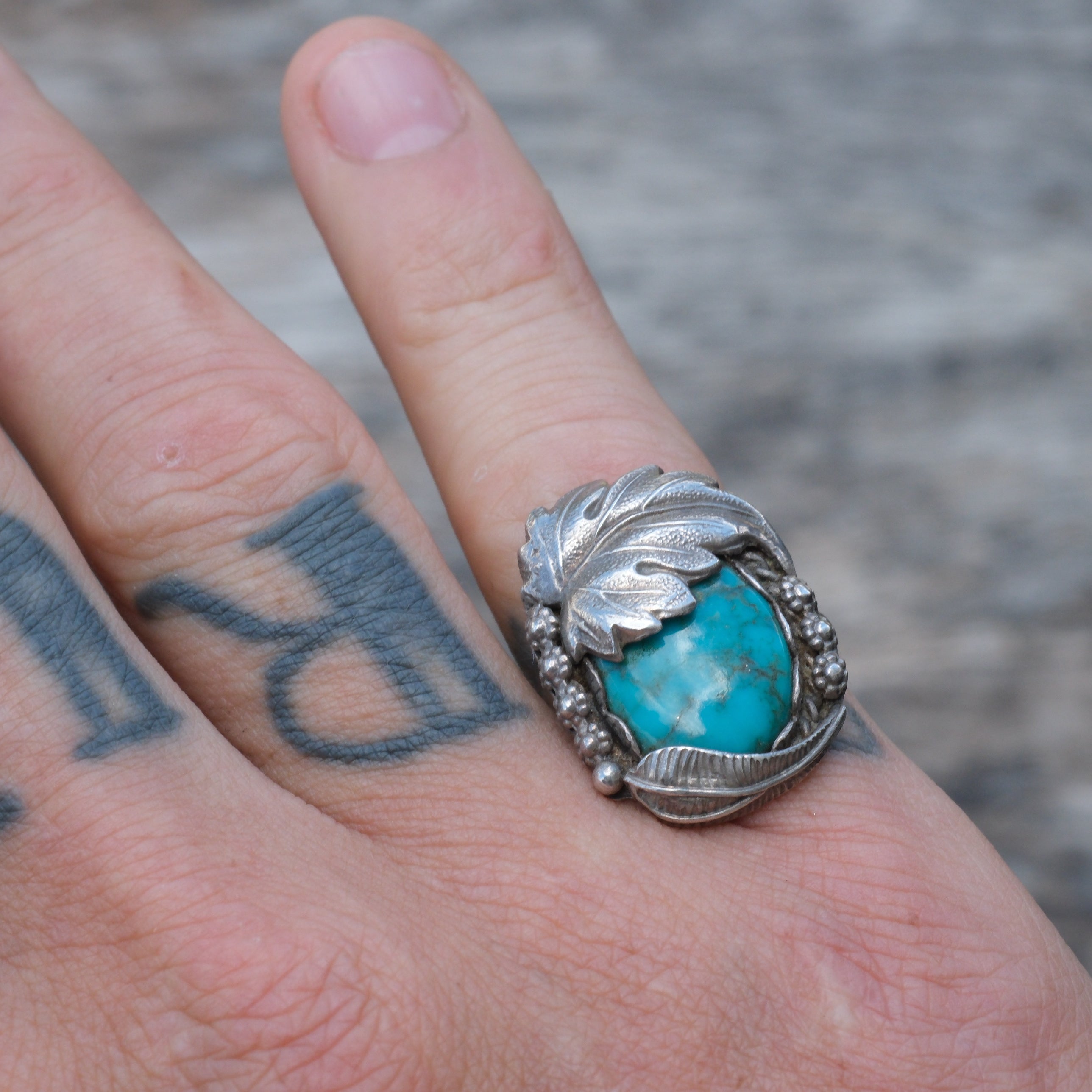 Vintage Sterling Turquoise Leaf and Feather Ring 8