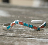 Vintage Sterling Turquoise and Coral Inlay Cuff