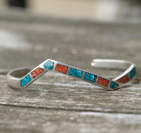 Vintage Sterling Turquoise and Coral Inlay Cuff