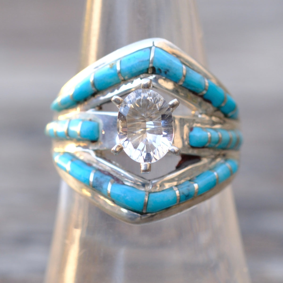 Vintage Sterling Turquoise Inlay CZ Ring 8