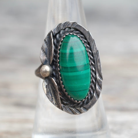 Vintage Sterling Malachite Feather Ring 7.25