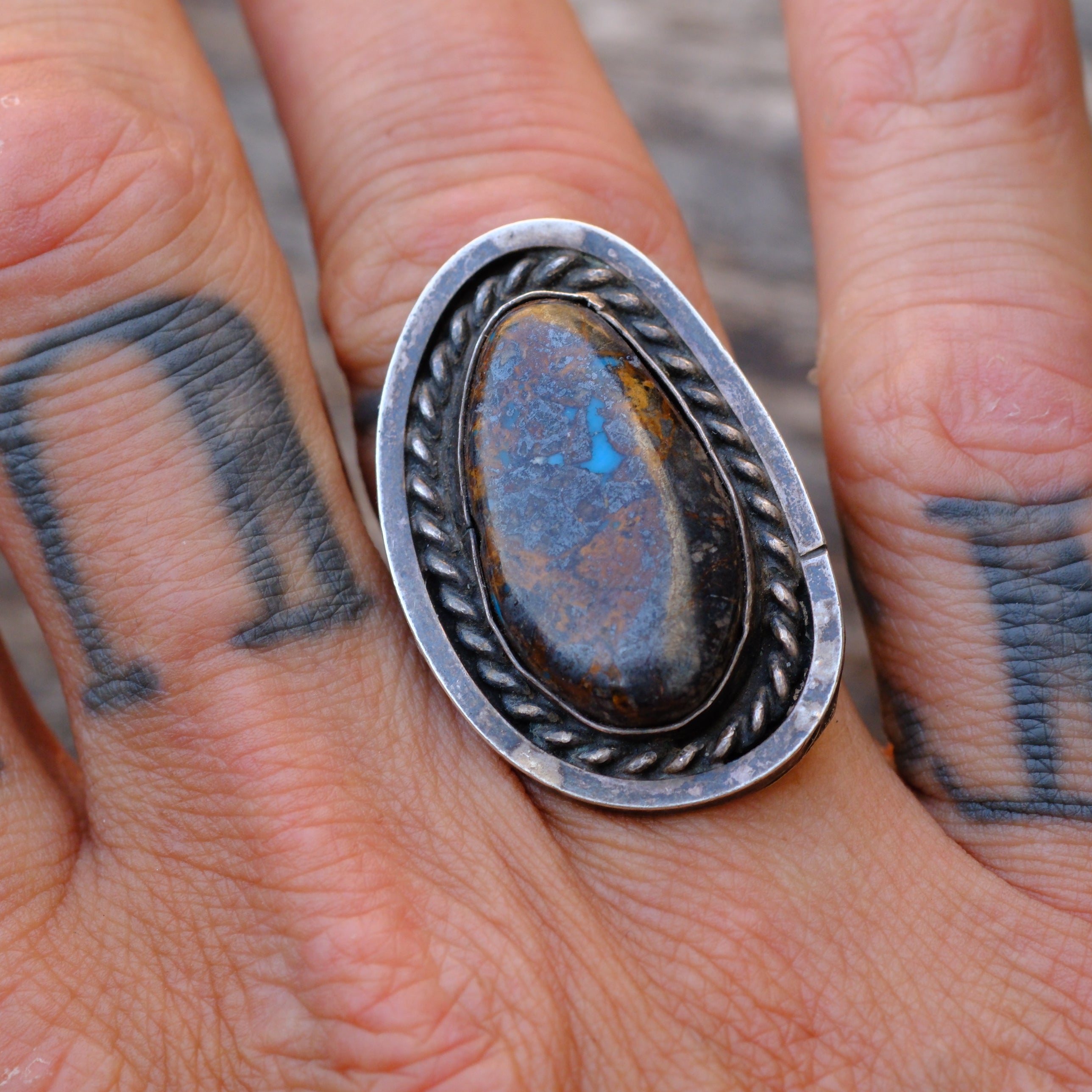 Vintage Sterling Bisbee Turquoise Roper Ring 6.75