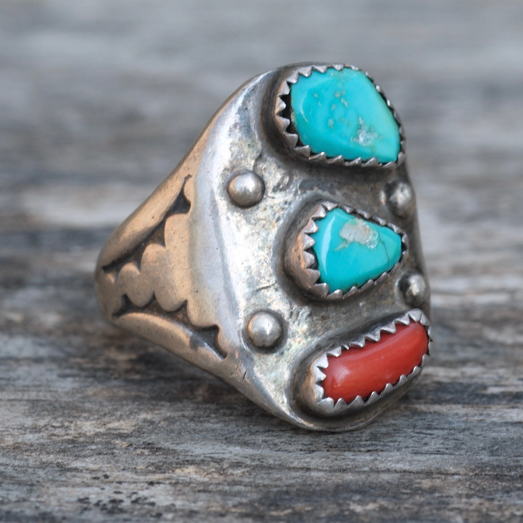 Vintage Sterling Turquoise and Coral Ring 10.25