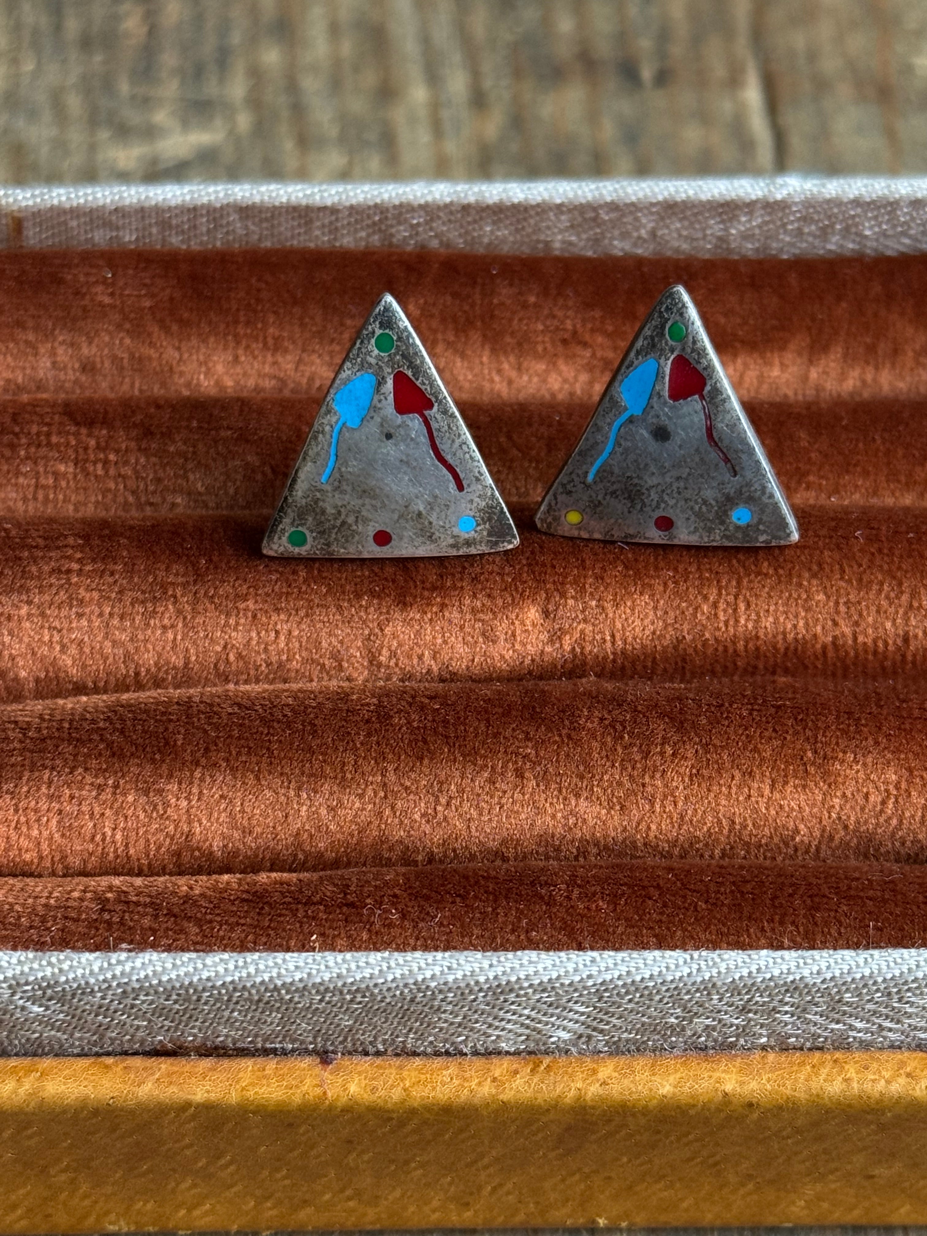 Vintage Sterling Silver Enamel Triangle Earrings