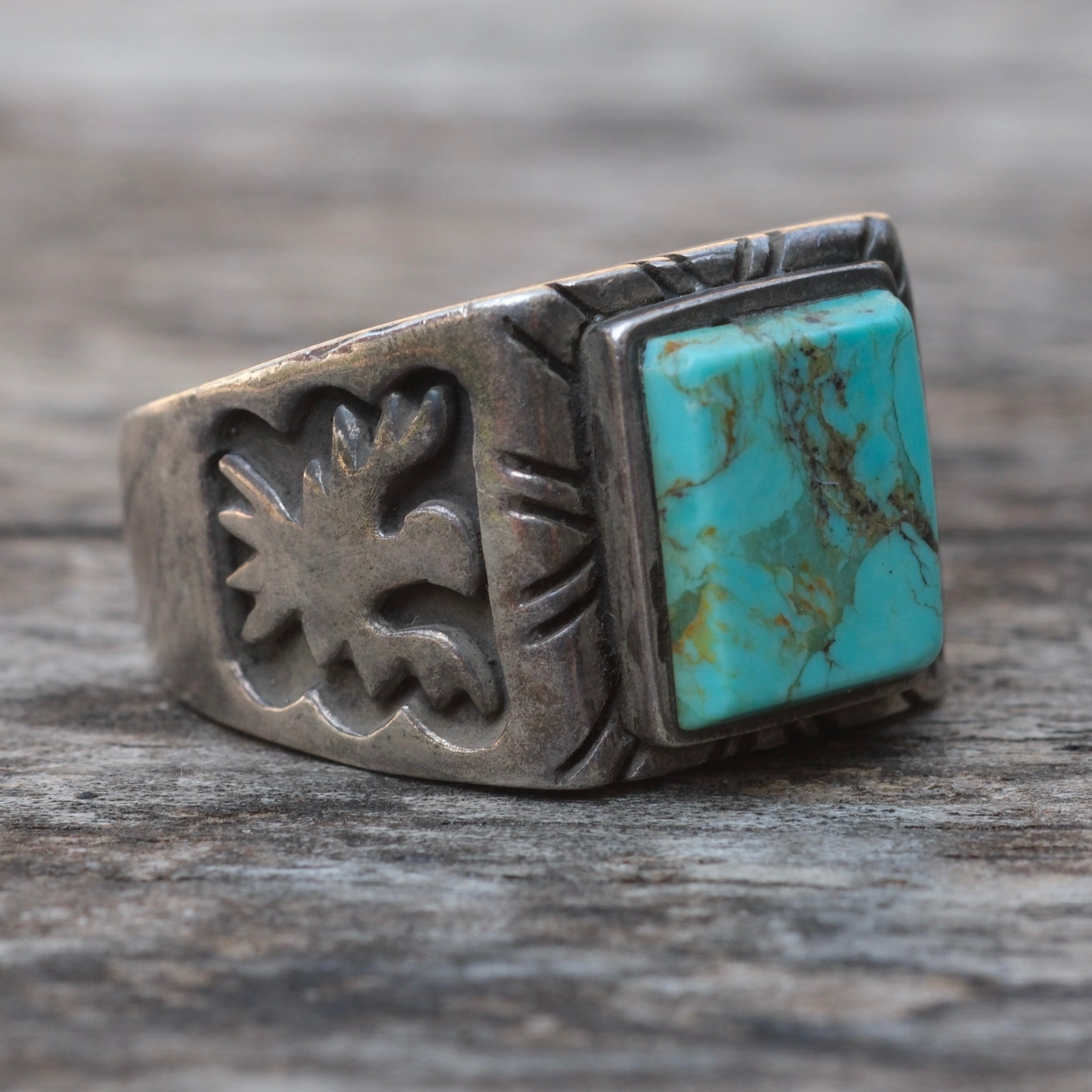 Vintage Sterling Turquoise Thunderbird Ring 9.75