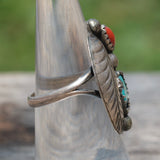 Vintage Sterling Turquoise and Coral Feather Ring 5.75