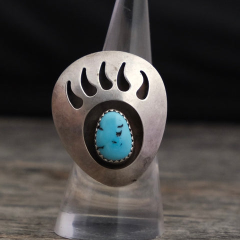 Vintage Sterling Turquoise Bear Paw Shadowbox Ring 6.75