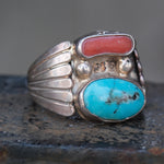 Vintage Sterling Turquoise and Coral Ribbed Band Ring 8.5