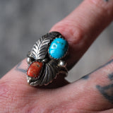 Vintage Sterling Turquoise and Coral Feather Ring 5.75