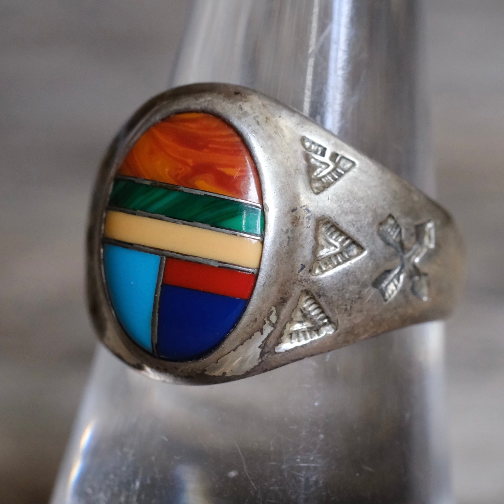 Vintage Sterling Multistone Inlay Stamped Arrows Ring 8.75