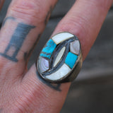 Vintage Sterling Turquoise Mother Of Pearl Ring 10.25