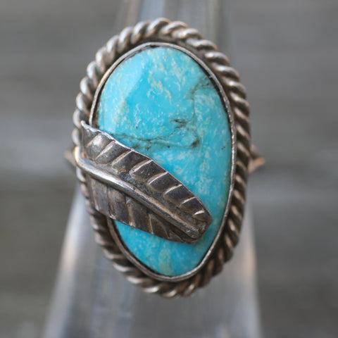 Vintage Sterling Turquoise Feather Ring 5.75