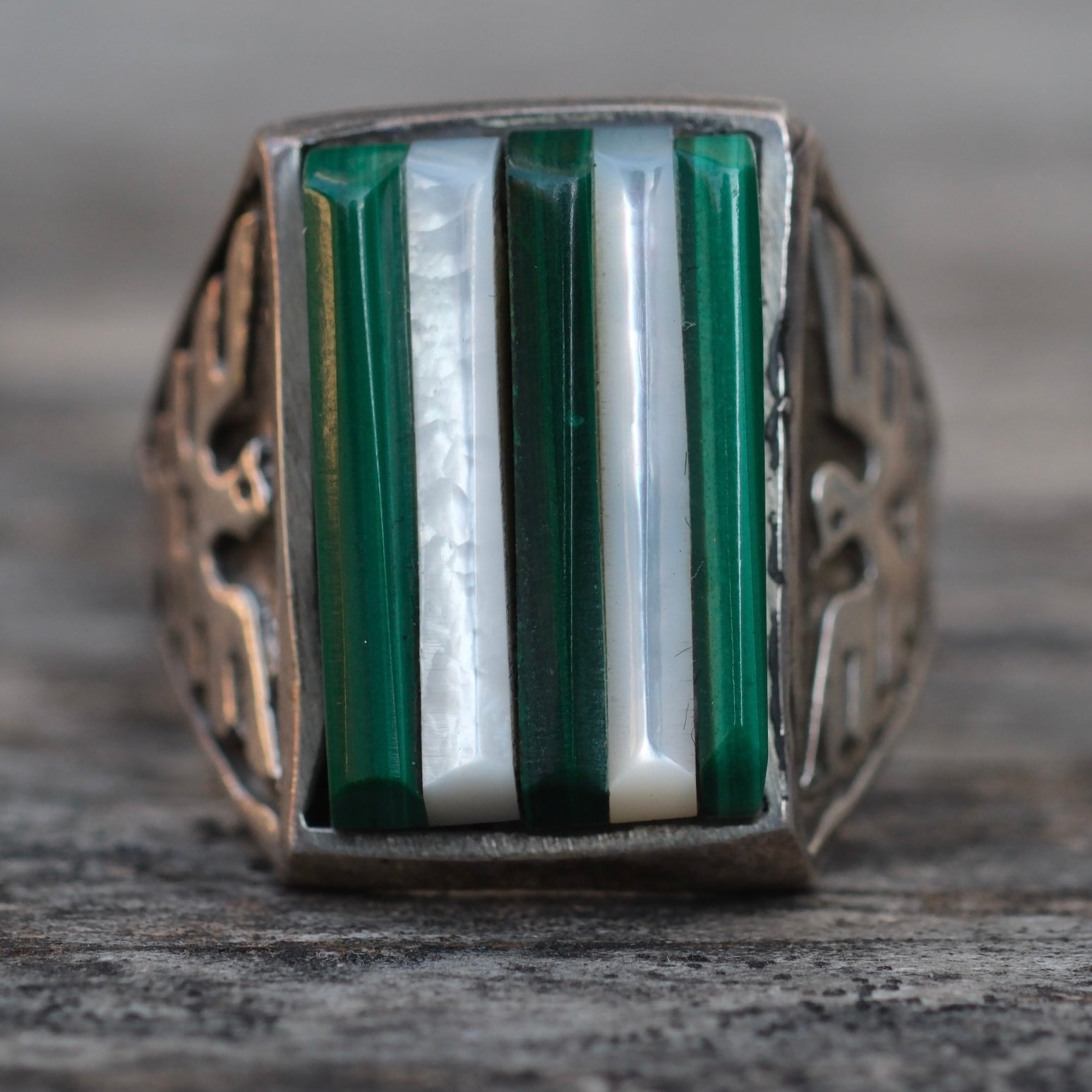 Vintage Sterling Malachite and Mother Of Pearl Row Inlay Thunderbird Ring 10.5