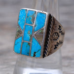 Vintage Sterling Turquoise and Abalone Inlay Panel Ring 9.5