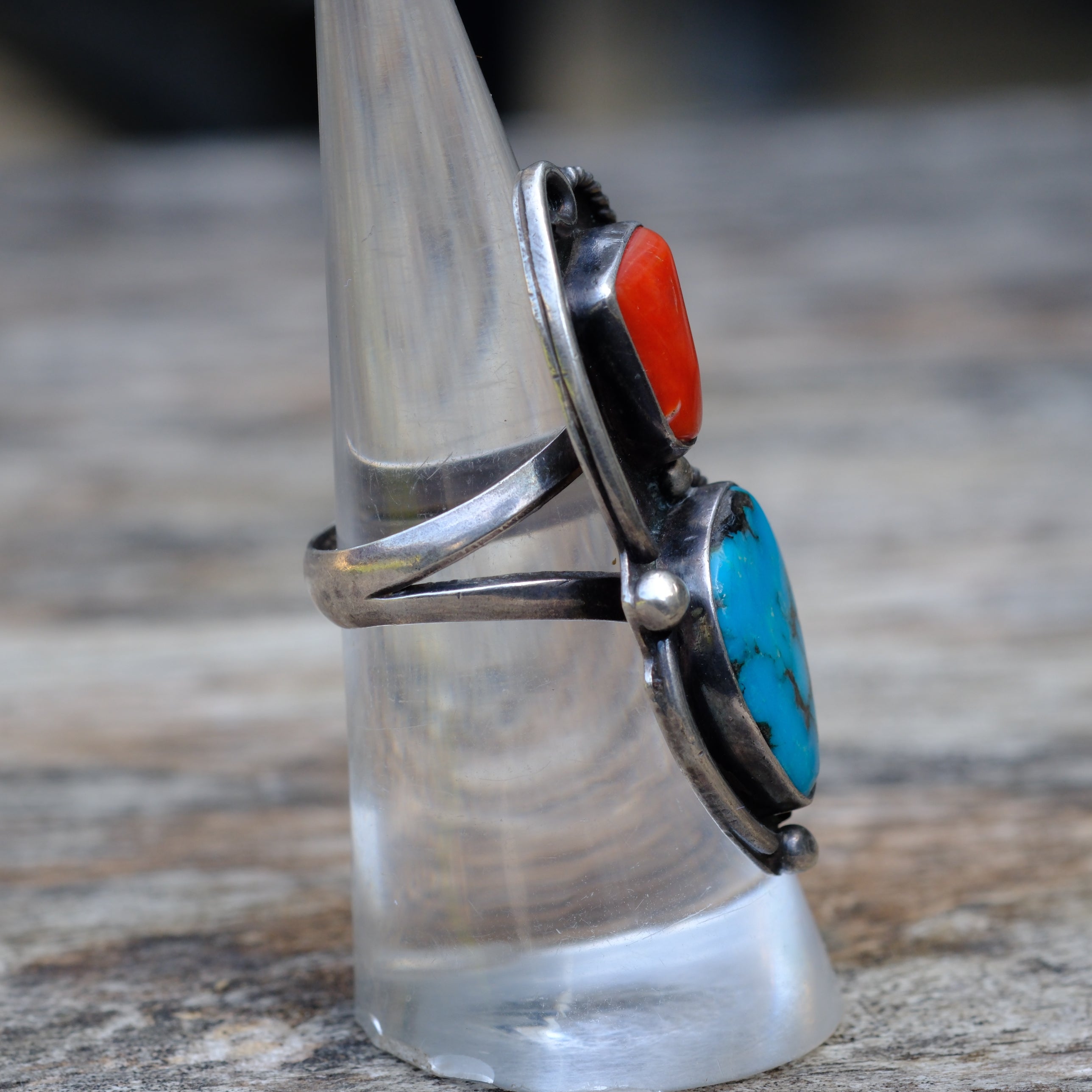 Vintage Sterling Turquoise and Coral Ring 6.75