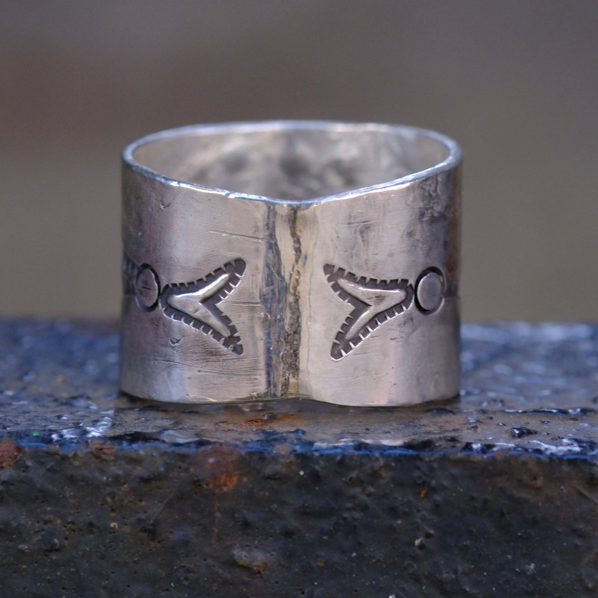 Sterling Silver Natural Lone Mountain Turquoise Stamped Cigar Band Ring 10.5