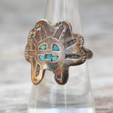 Vintage Sterling Turquoise and Coral Inlay Headdress Ring 7.75
