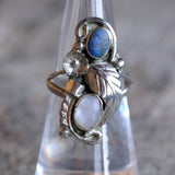 Vintage Sterling Lapis and Mother Of Pearl Feather Ring 6.75