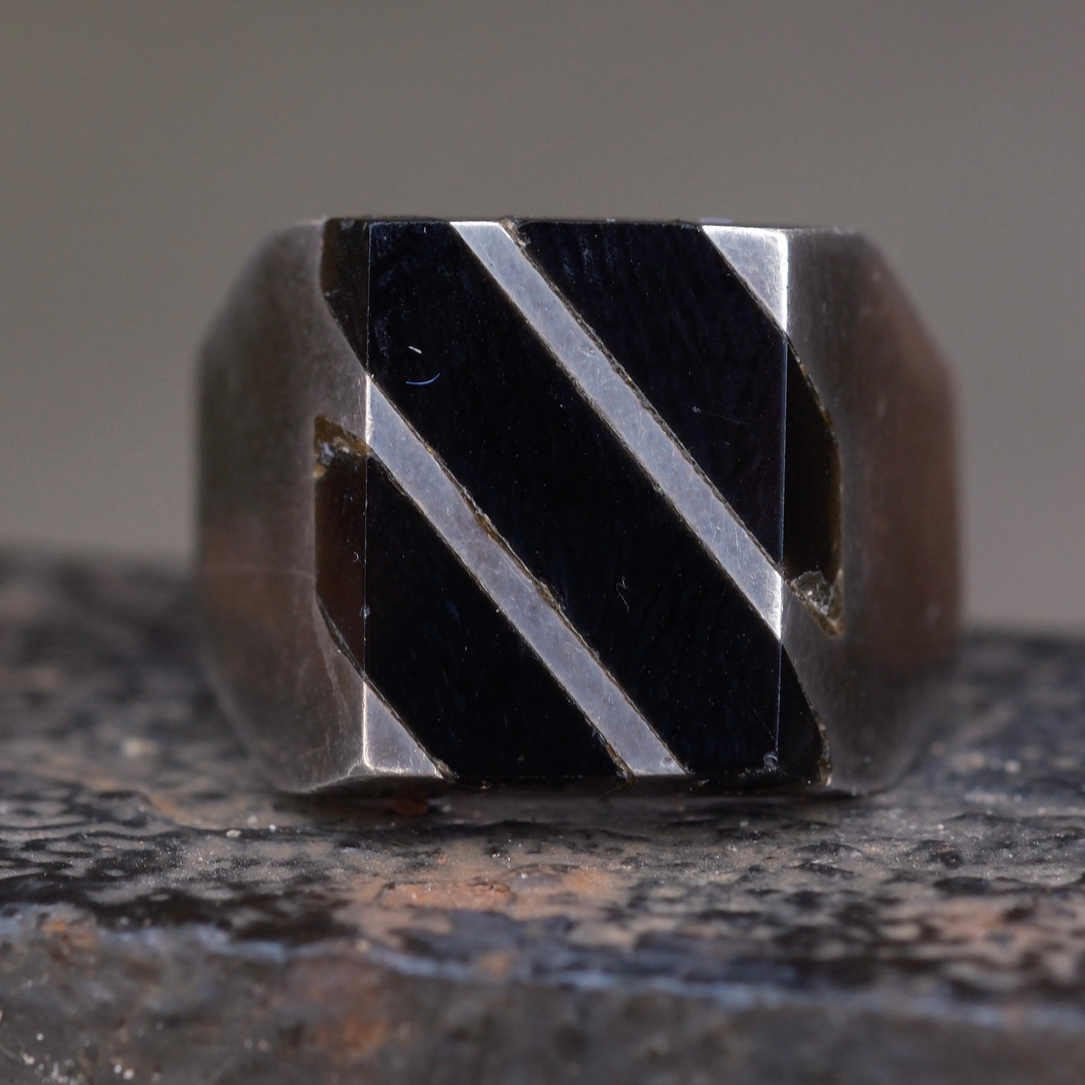 Vintage Sterling Onyx Inlay Striper Ring 10