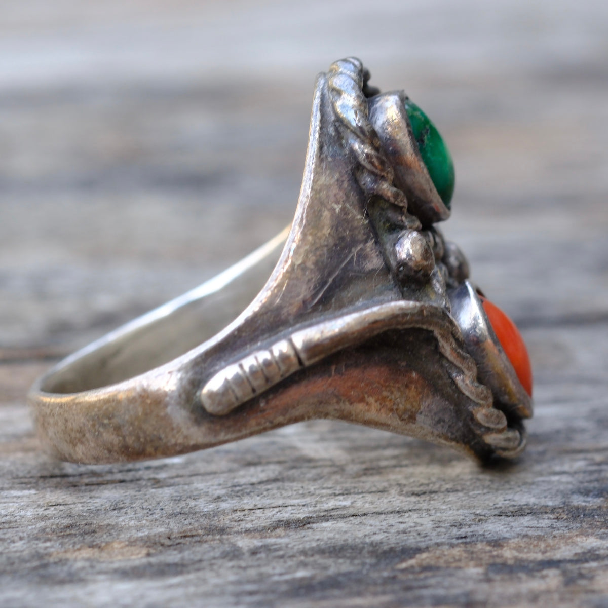Vintage Sterling Turquoise and Coral Snake Ring 9