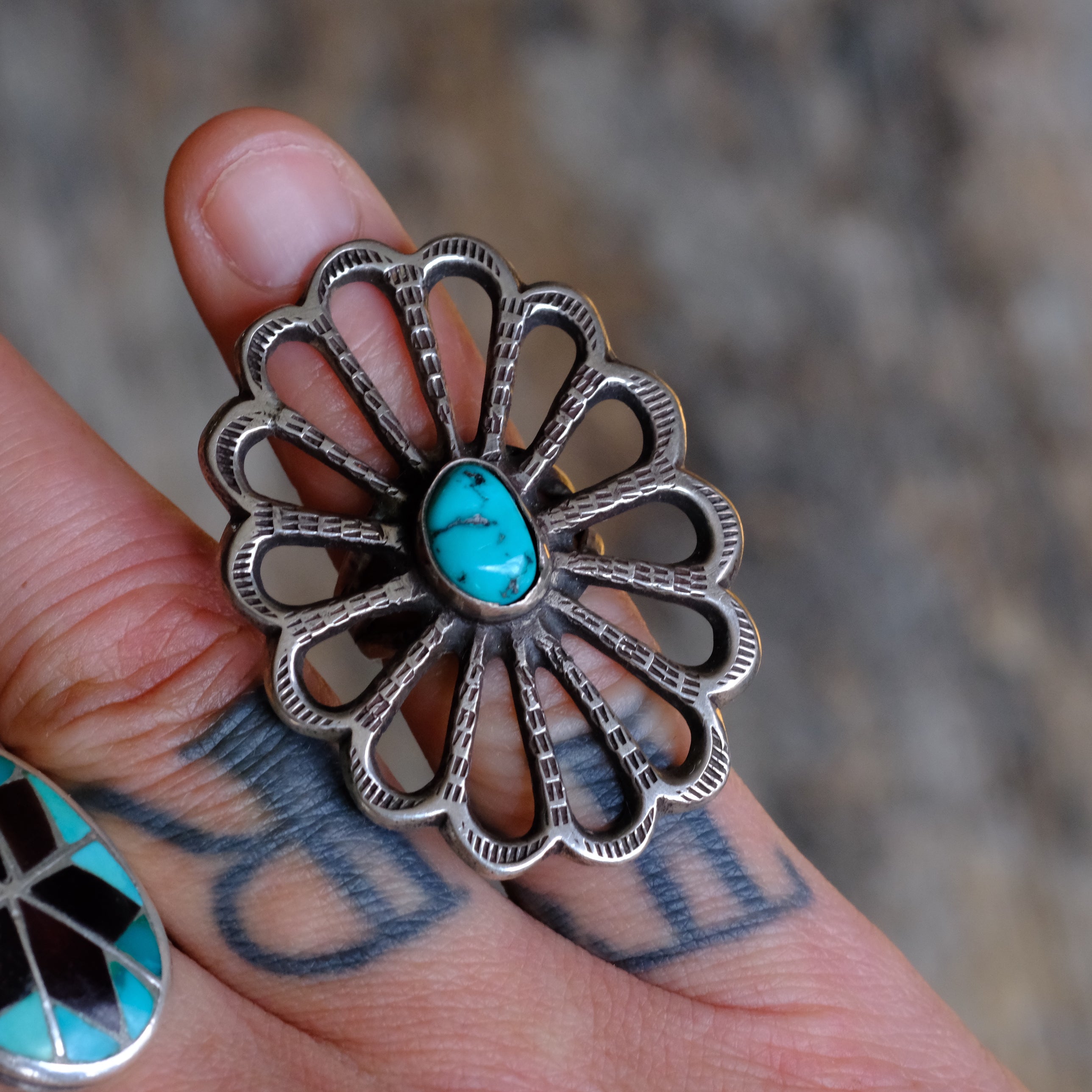 HUGE loop Vintage Sterling Turquoiser Flower Ring 4.25