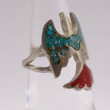 Vintage Sterling Turquoise and Coral Thunderbird Ring 4.75