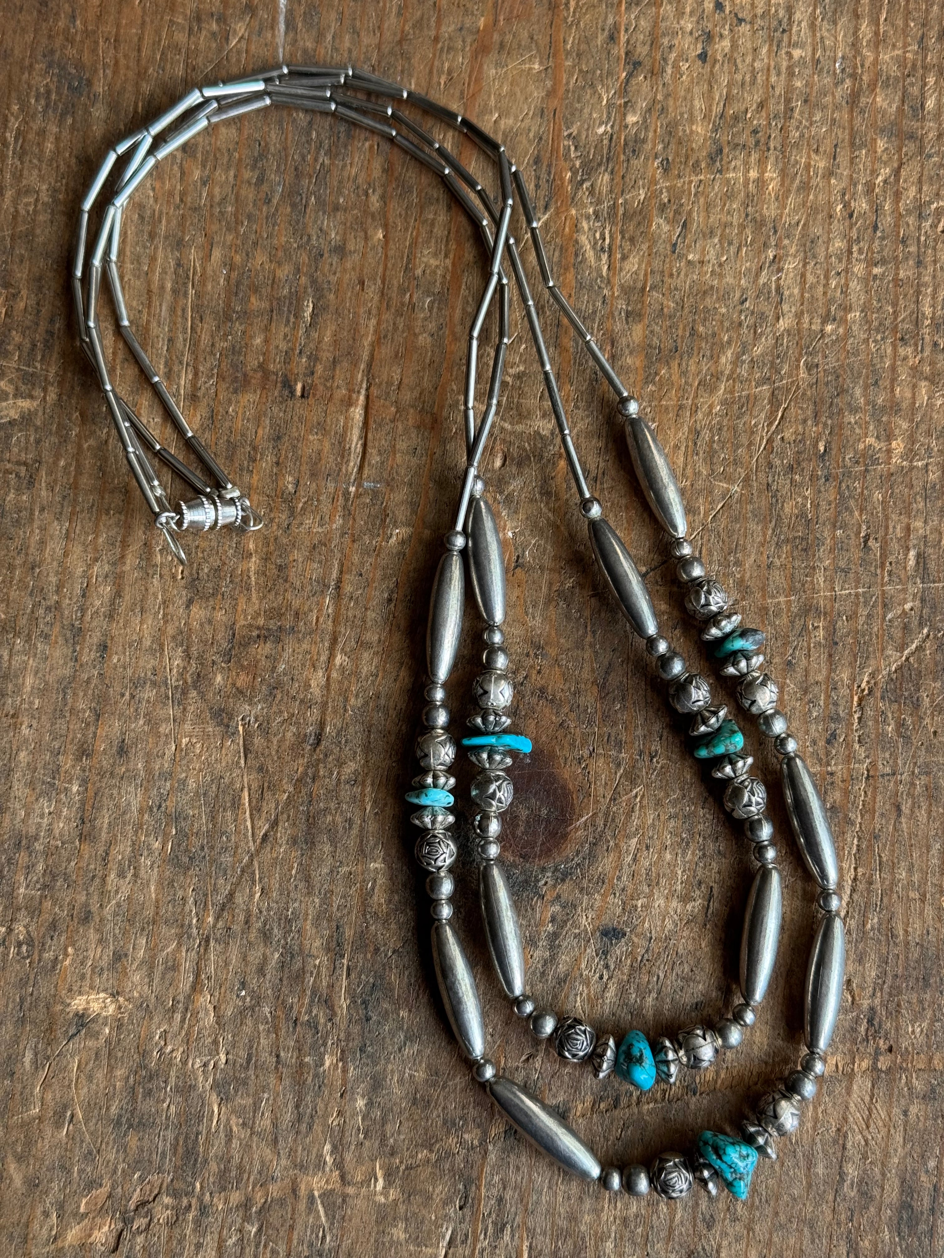 Vintage Raw Turquoise & Sterling Silver Double Strand Liquid Silver Beaded Necklace