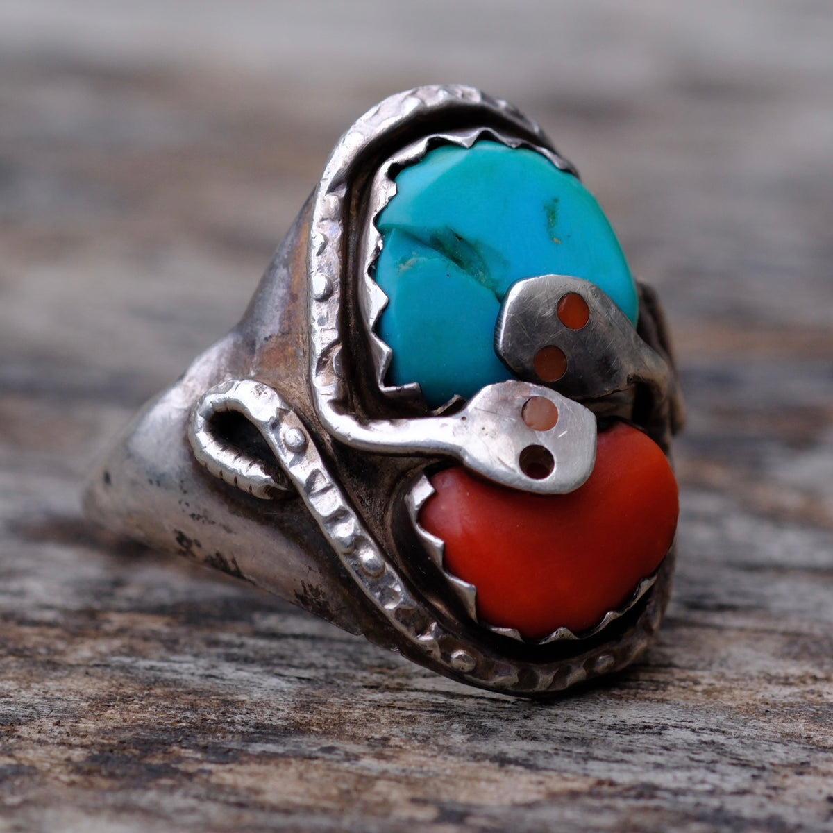 Vintage Effie C Sterling Turquoise and Coral Snake Ring 10