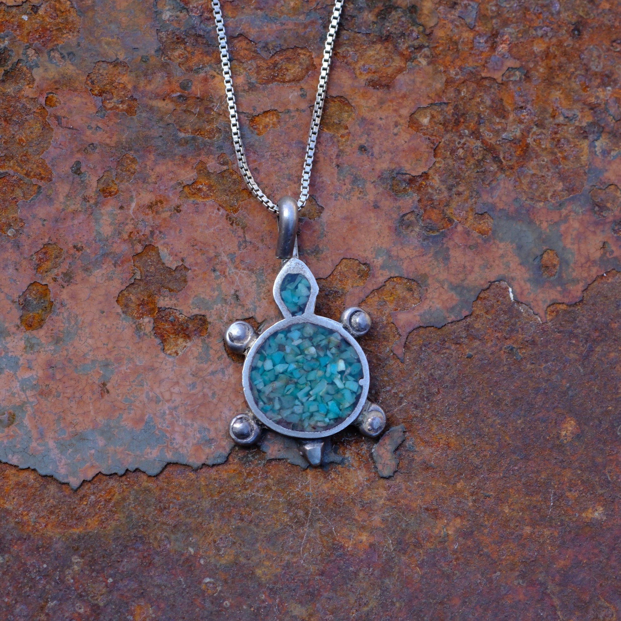 Vintage Sterling Silver Crushed Turquoise Inlay Turtle Ncklace