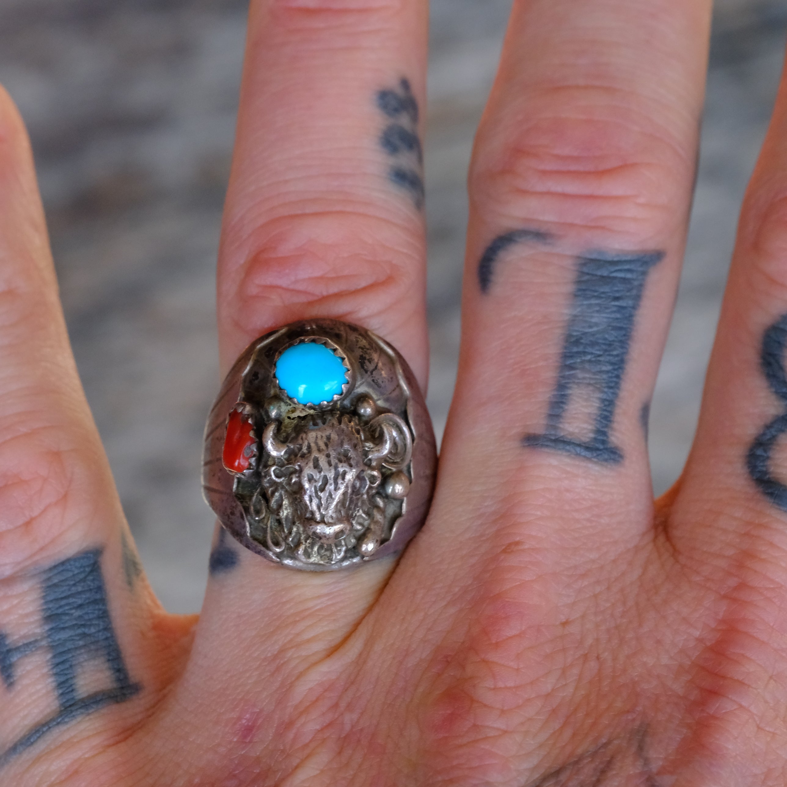 Vintage Sterling Turquoise and Coral Buffalo Ring 8.75