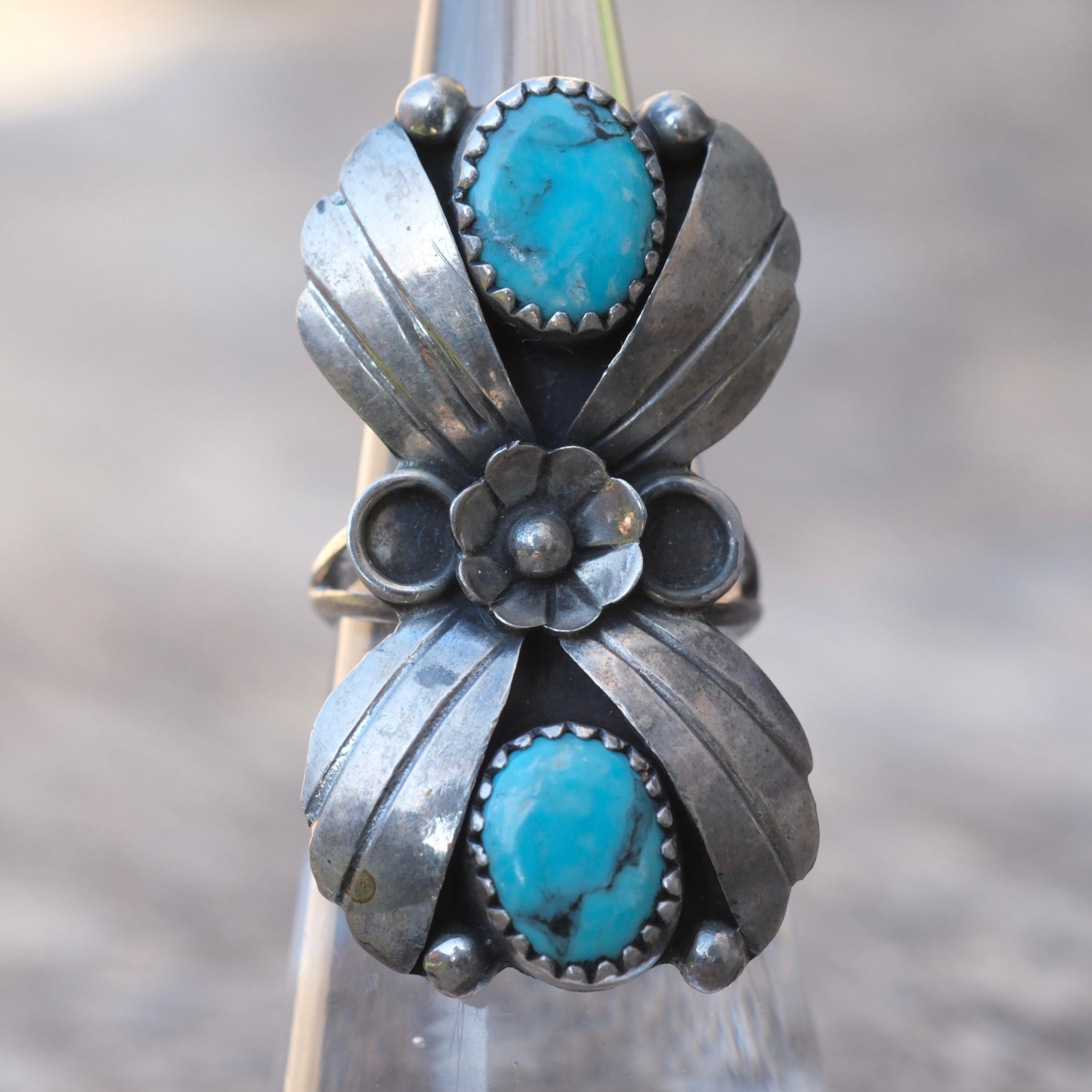Vintage Sterling 2-Stone Turquoise Blossom Ring 4.75