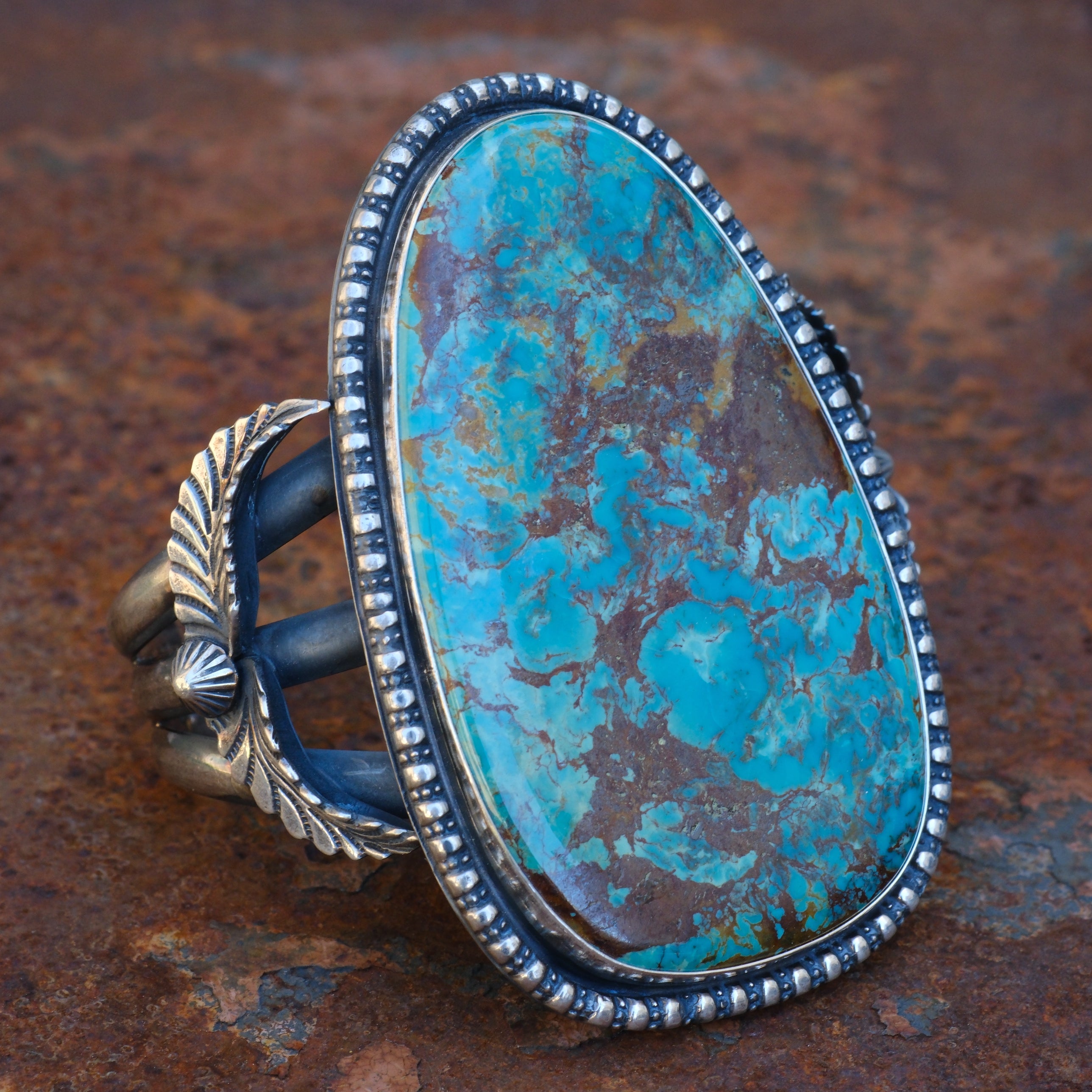 HUGE Vintage Sterling Turquoise Feather Cuff Bracelet