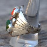 Chunky Vintage Sterling Turquoise and Coral Ribbed Band Ring 11