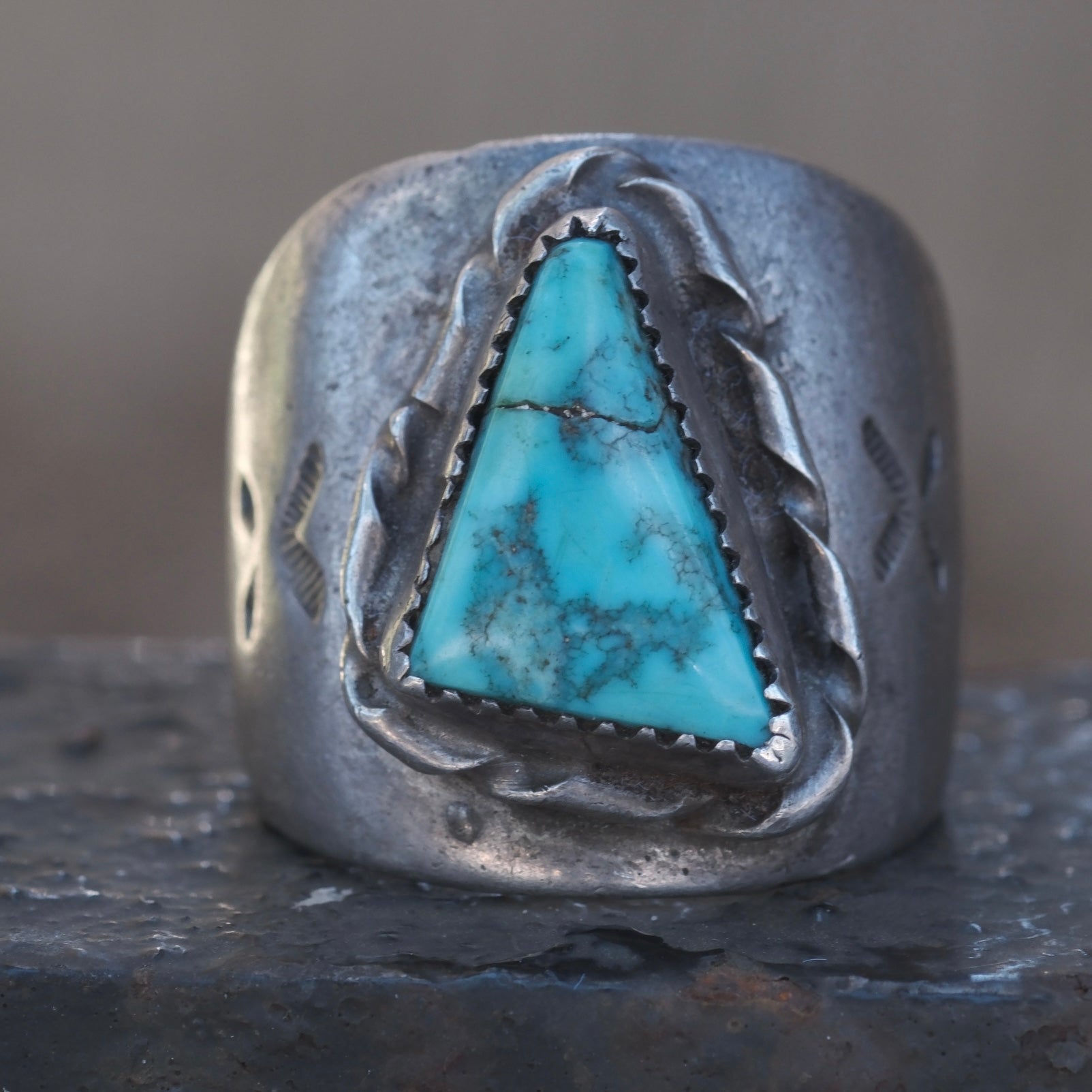 Vintage Sterling Turquoise Stamped Band Cigar Band Ring 11.25