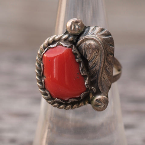 Vintage Sterling Coral Feather Ring 6.75