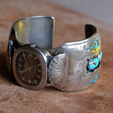 Vintage Sterling Turquoise and Coral Thunderbird Inlay Watch Cuff Bracelet