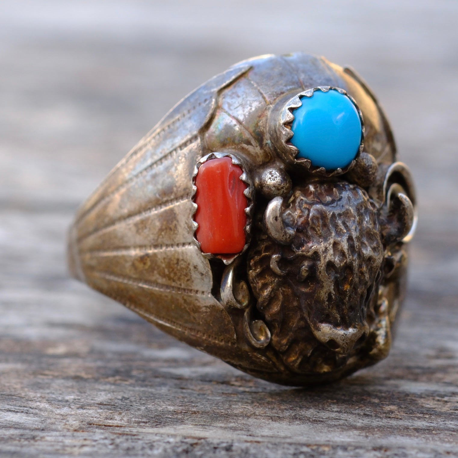 Vintage Sterling Turquoise and Coral Buffalo Ring 11.5