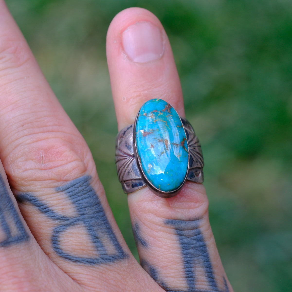 Vintage Sterling Turquoise Stamped Band Ring 5