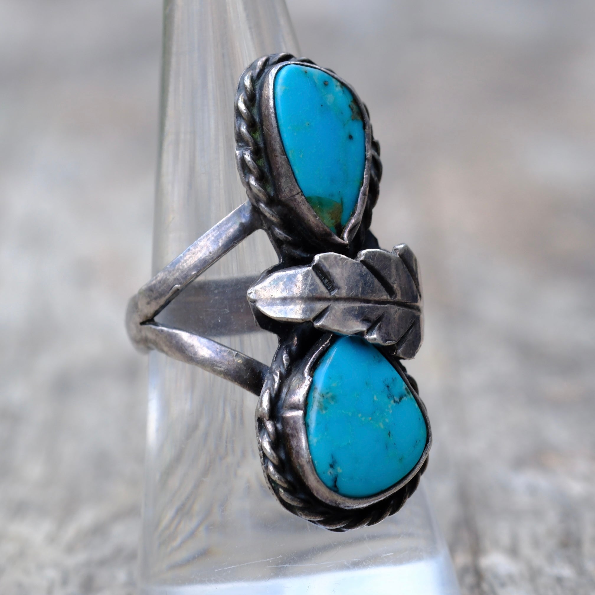 Vintage Sterling Silver Double Turquoise Leaf Ring 7.75