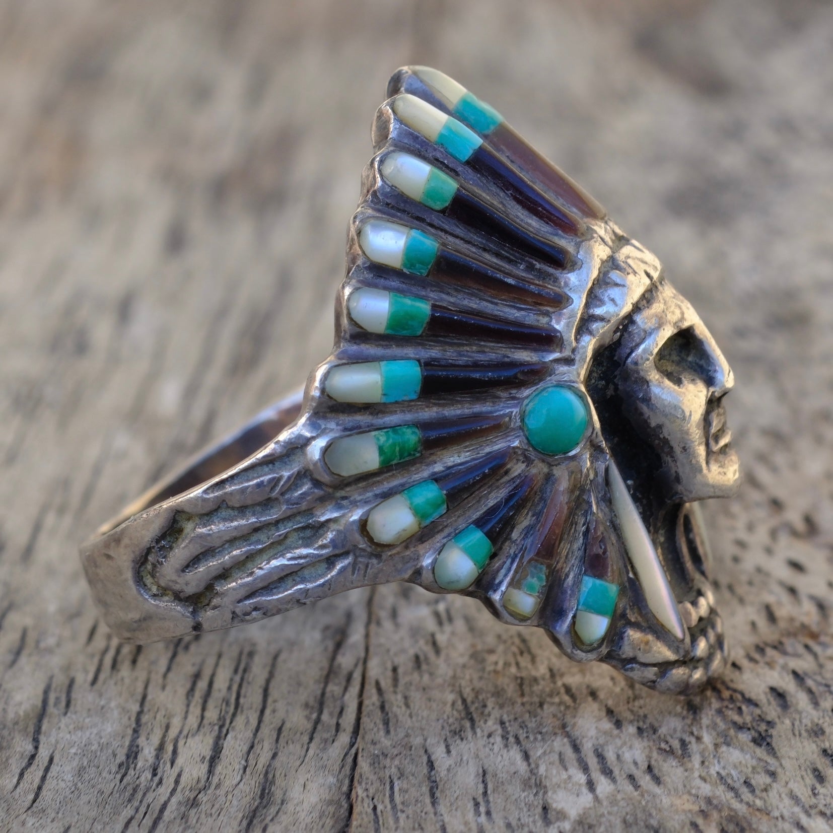 Vintage Sterling Big Chief Inlay Ring 11.25