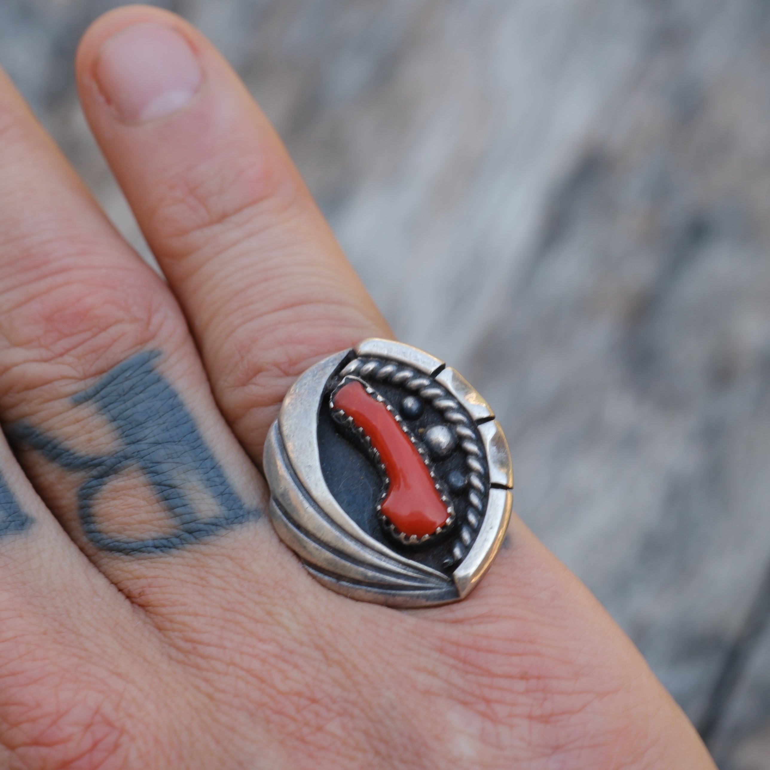 Vintage Sterling Coral Feather Ring 5
