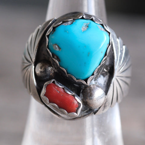 Vintage Sterling Turquoise and Coral Ring 6.5