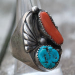 Vintage Sterling Turquoise and Coral Feather Ring 10.5