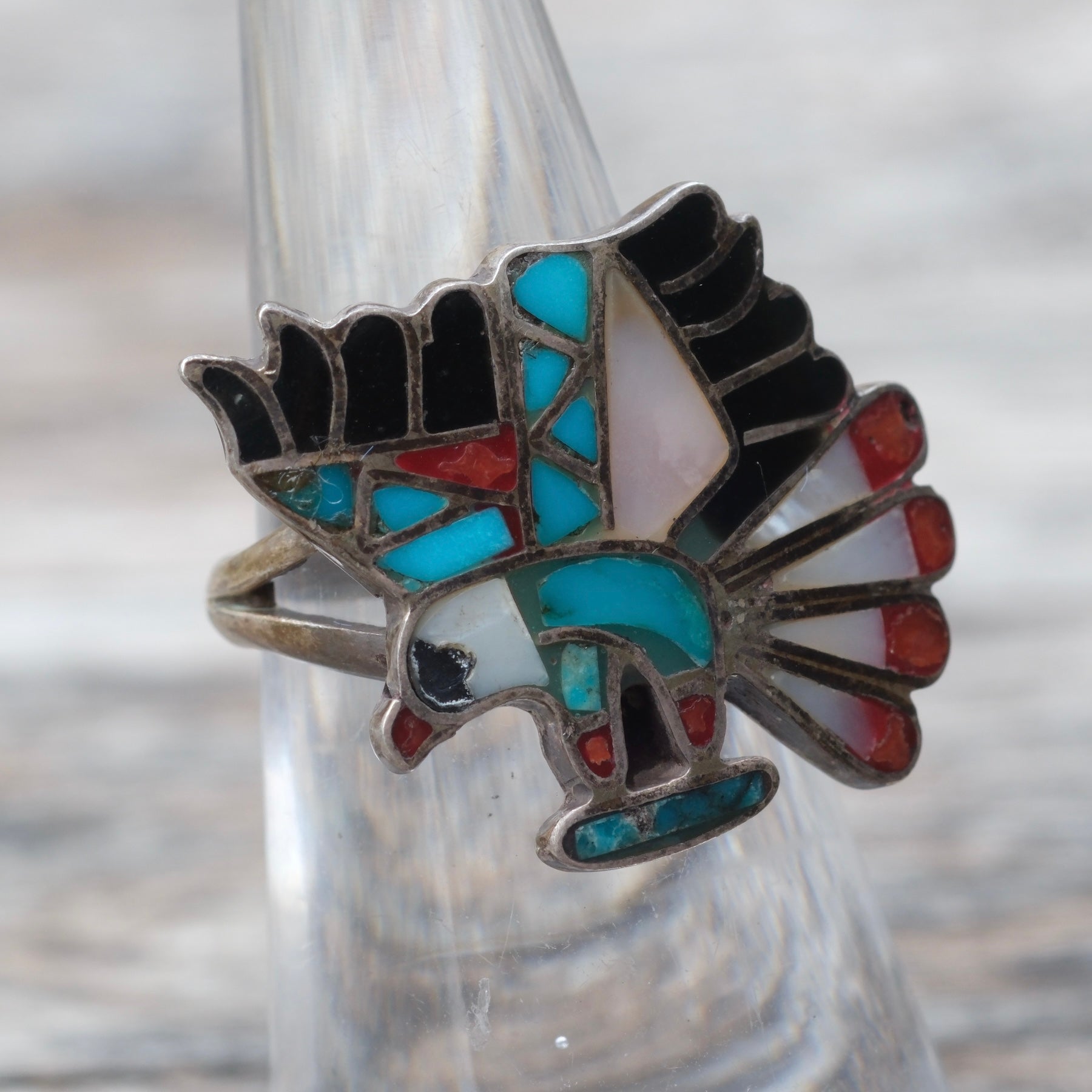 OLDER Vintage Sterling Zuni Inlay Eagle Ring 5.75